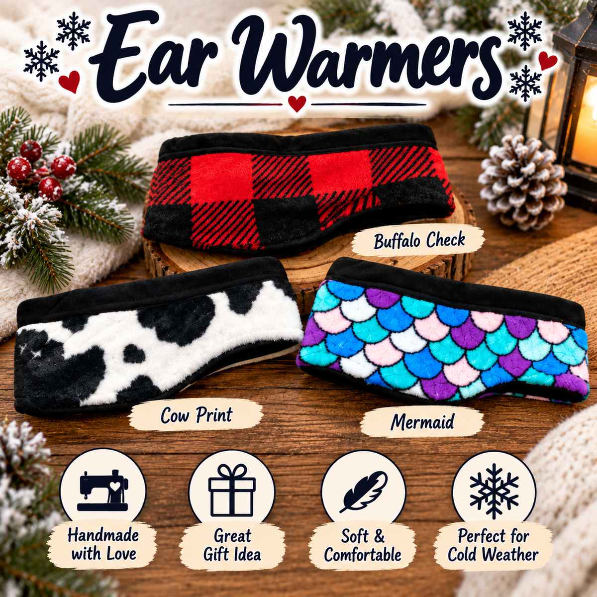 Four fuzzy ear warmers displayed on a rustic wooden surface with holiday decor and text labels. The products shown are Buffalo Check red and black plaid, Cow Print black and white, and Mermaid with a blue, purple, pink, and teal scale pattern.