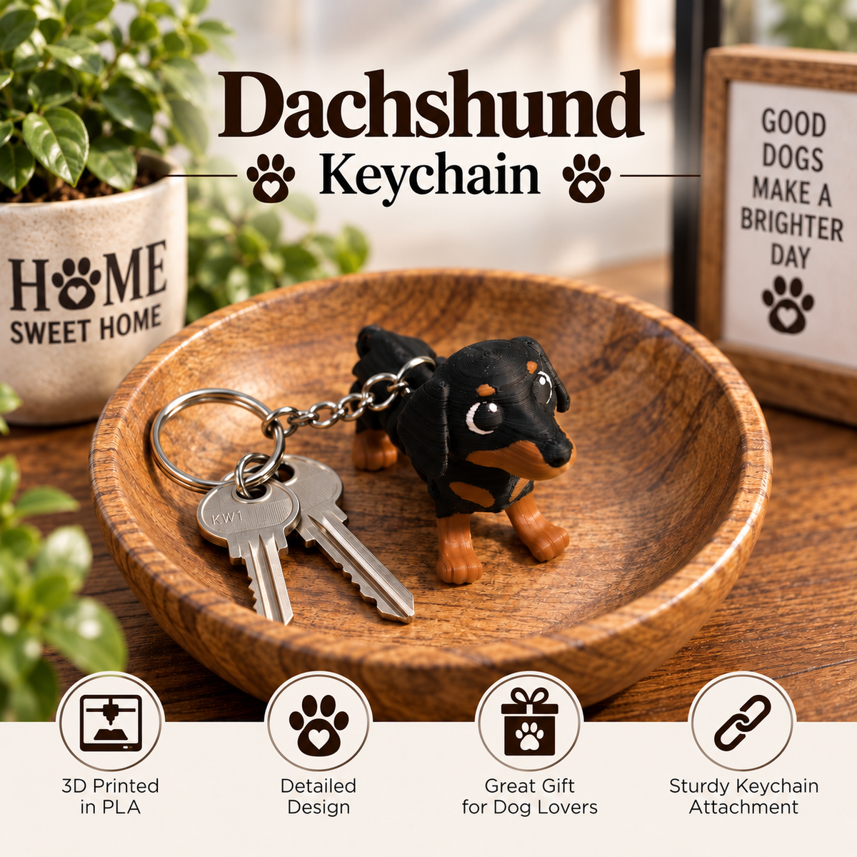A 3D-printed black and tan Dachshund keychain resting on a wooden bowl with two keys attached, set on a wooden table with decorative plants and framed signs in the background.