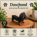 Dachshund flexi toy standing on a wood disc with green foliage
