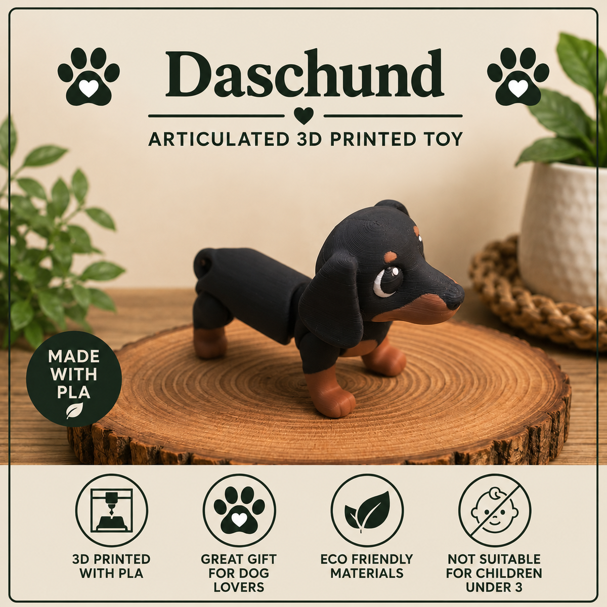 Dachshund flexi toy standing on a wood disc with green foliage
