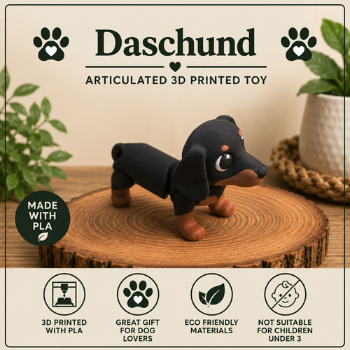 Dachshund flexi toy standing on a wood disc with green foliage
