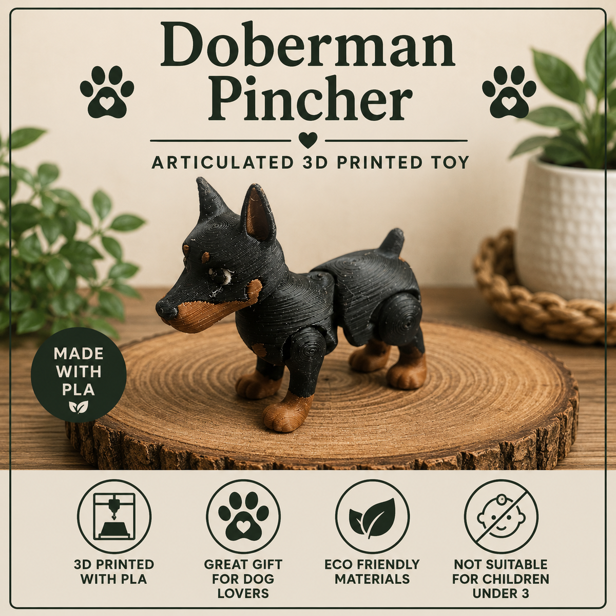 Doberman standing on a wood round on a table with some greenery 