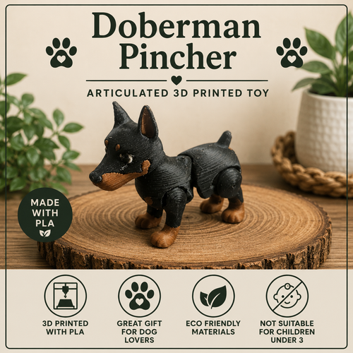 Doberman standing on a wood round on a table with some greenery 