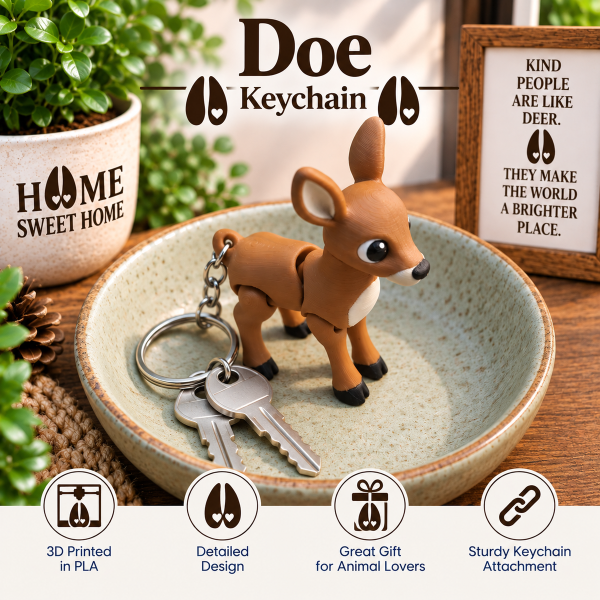 A small 3D-printed deer keychain shaped like a doe stands on a ceramic dish with two keys attached. The scene includes decorative plants, a framed sign, and text overlays reading 'Doe Keychain' plus feature icons at the bottom.