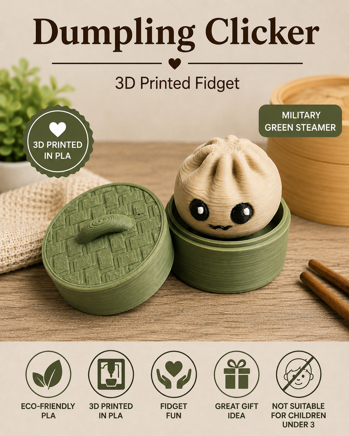 A 3D printed dumpling-shaped fidget toy with a cute face sitting in a round green steamer container, shown alongside its matching lid on a tabletop. The image includes marketing text reading 'Dumpling Clicker' and '3D Printed Fidget,' plus icons for eco-friendly PLA, 3D printed PLA, fidget fun, great gift idea, and not suitable for children under 3.