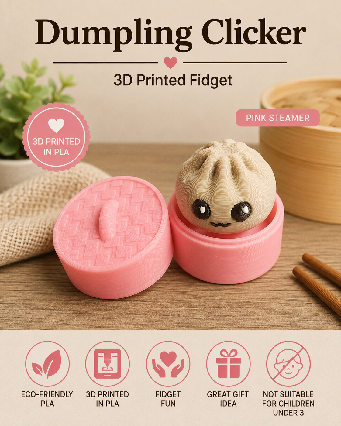 A pink 3D printed dumpling-shaped fidget toy labeled 'Dumpling Clicker' shown open on a wooden surface, with a pink lid beside it. The dumpling has a cute face, and the scene includes decorative props and text callouts including 'Pink Steamer' and feature icons along the bottom.