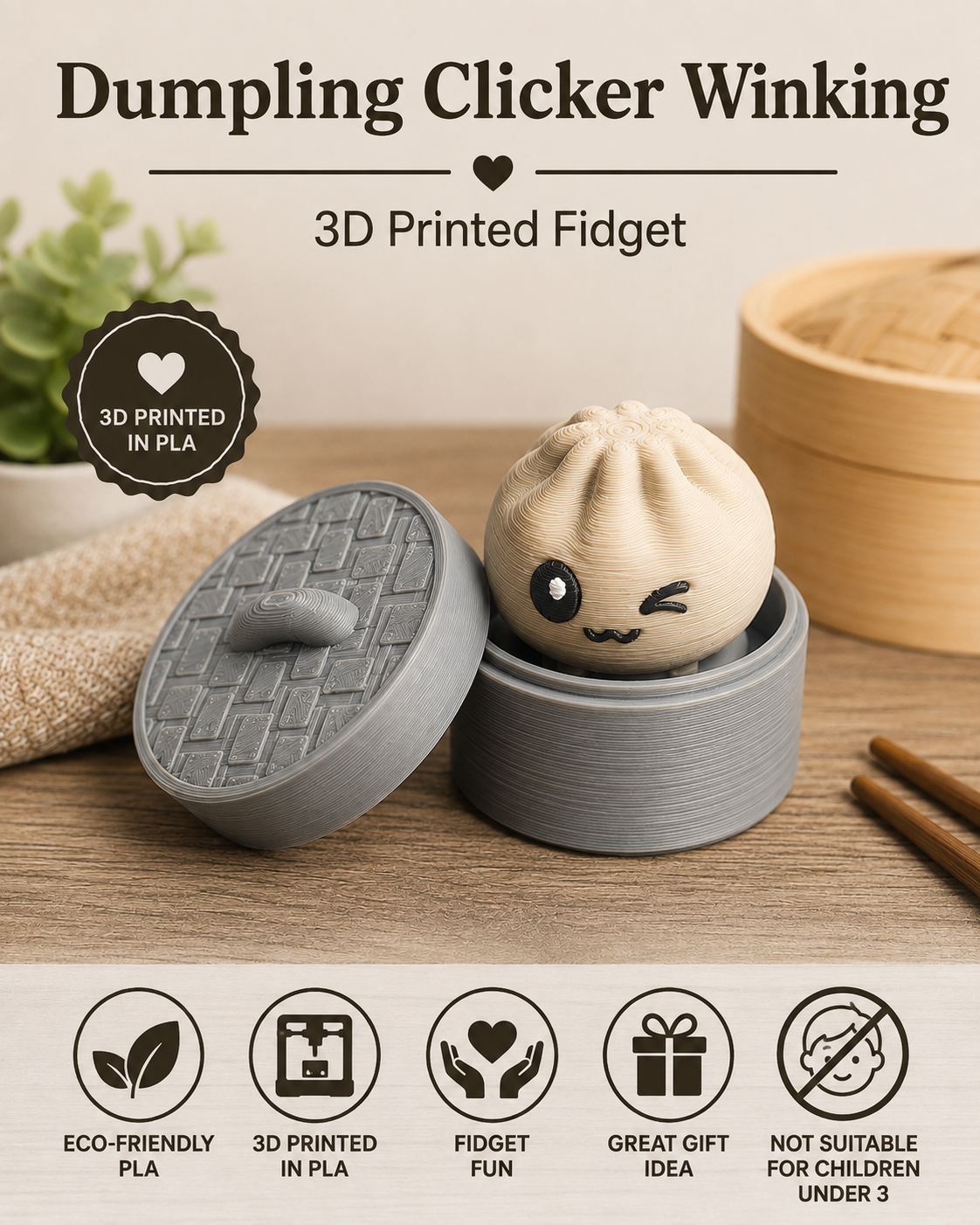3D printed winking tan dumpling fidget toy nestled inside a matching grey steamer basket.
