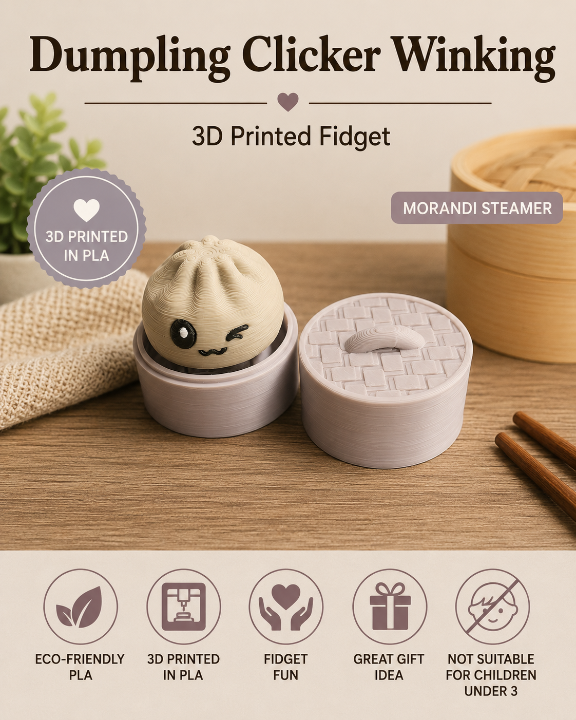 A 3D printed dumpling-shaped clicker winking from the side, shown next to its round base and lid on a wooden tabletop. The product is labeled 'Dumpling Clicker Winking' and 'Morandi Steamer,' with icons at the bottom highlighting eco-friendly PLA material and kid-friendly design.