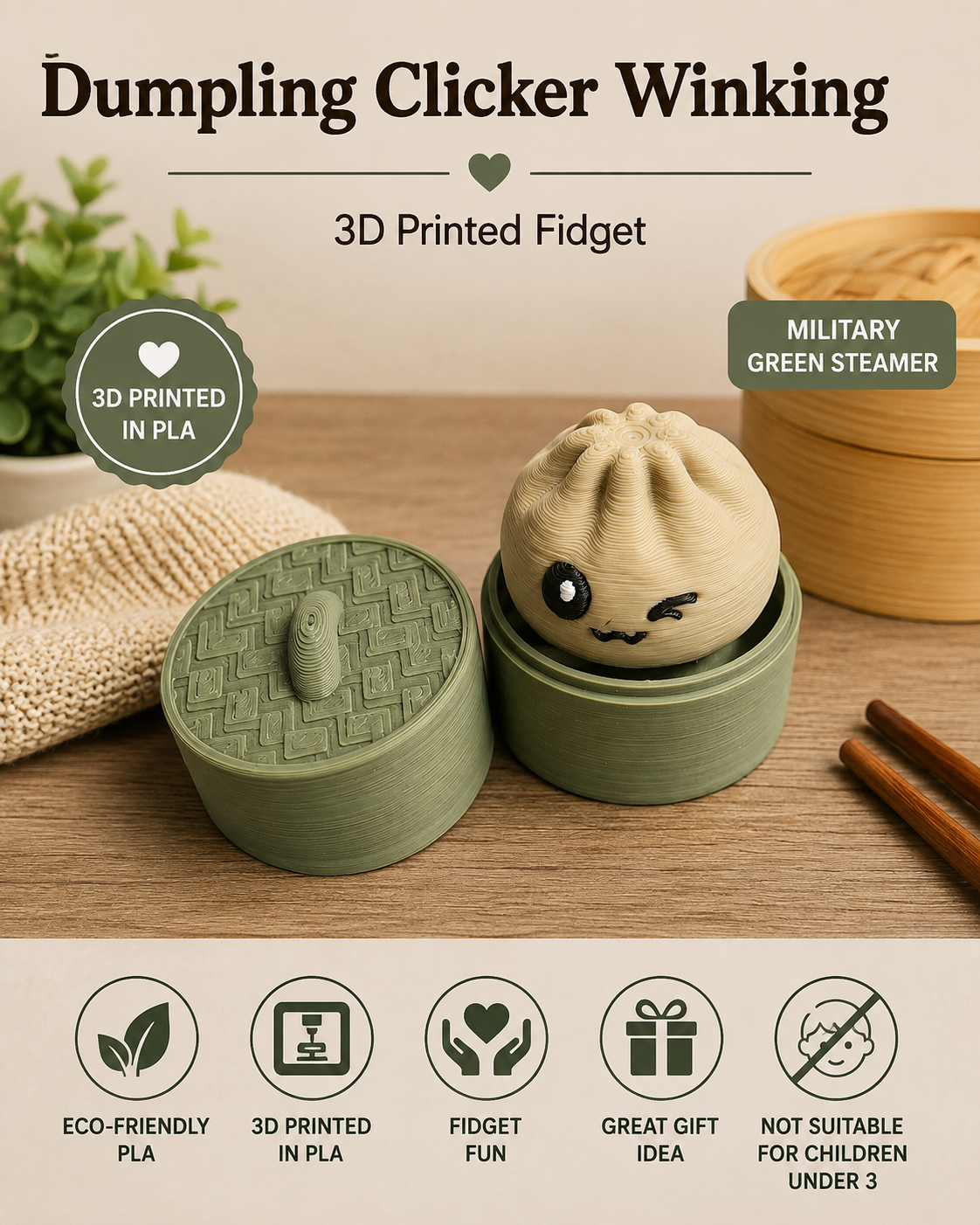A 3D printed fidget toy shaped like a steaming dumpling in a green round container, shown open with the lid beside it on a tabletop. The image includes promotional text reading 'Dumpling Clicker Winking,' '3D Printed Fidget,' and 'Military Green Steamer,' plus small icons about PLA material and gift appeal.