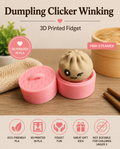 A 3D printed dumpling-shaped fidget toy resting in a pink steamer base on a wooden surface, with a matching pink lid beside it. The image includes promotional text reading 'Dumpling Clicker Winking' and '3D Printed Fidget,' plus a pink badge that says 'Pink Steamer.