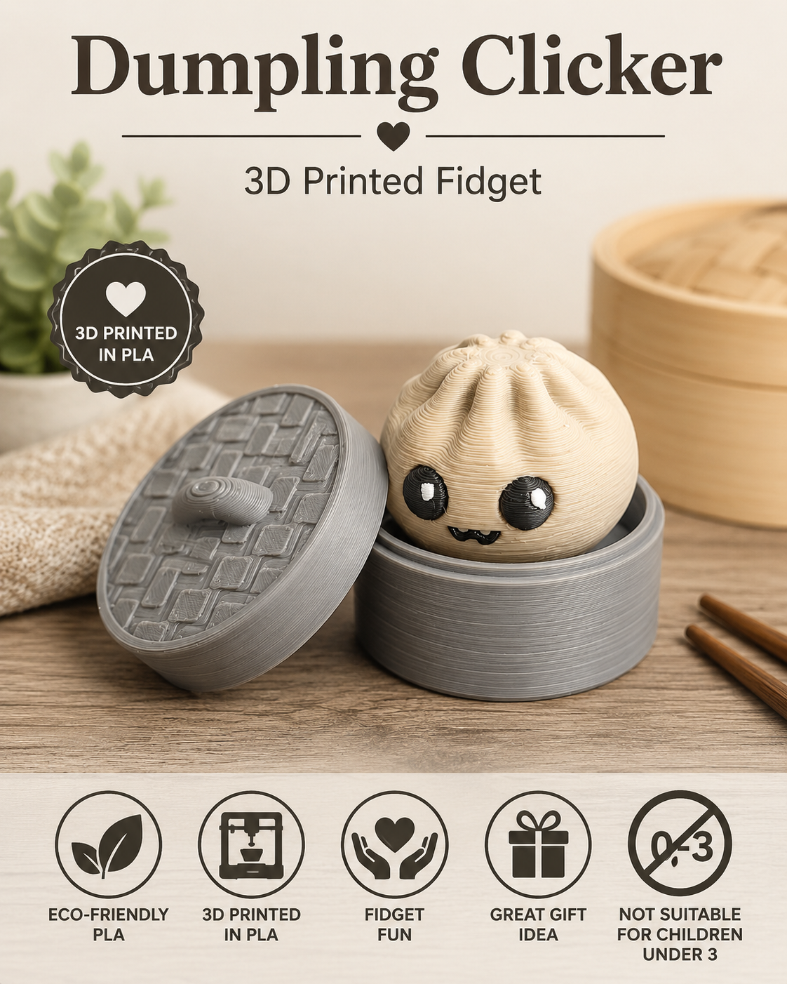 A 3D printed dumpling-shaped fidget toy sitting in a round gray container with its lid beside it on a wooden surface. The lid has a raised dumpling pattern.