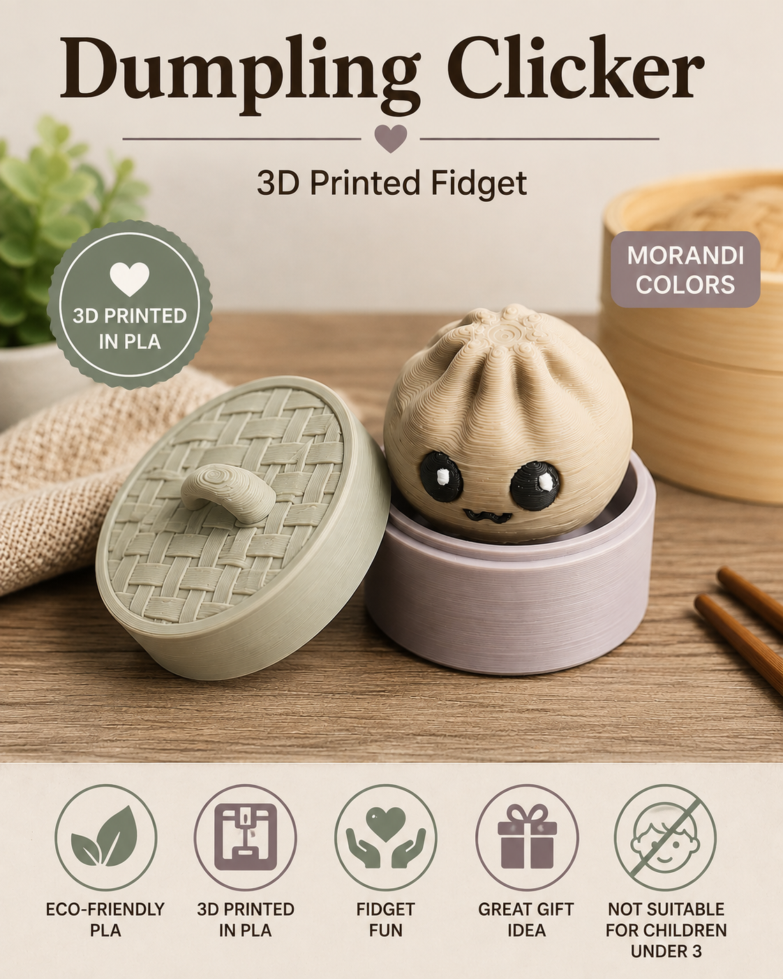 Cute 3D printed Dumpling Clicker fidget with expressive eyes in soft Morandi colors, printed by Twin Cedars Maker Company.