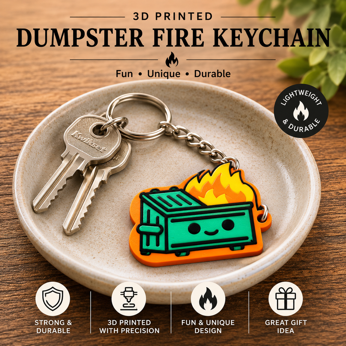 A 3D printed dumpster fire keychain displayed on a small beige ceramic dish over a wooden surface. The keychain features a green dumpster with orange flames rising from it, attached to a silver metal chain with two keys.