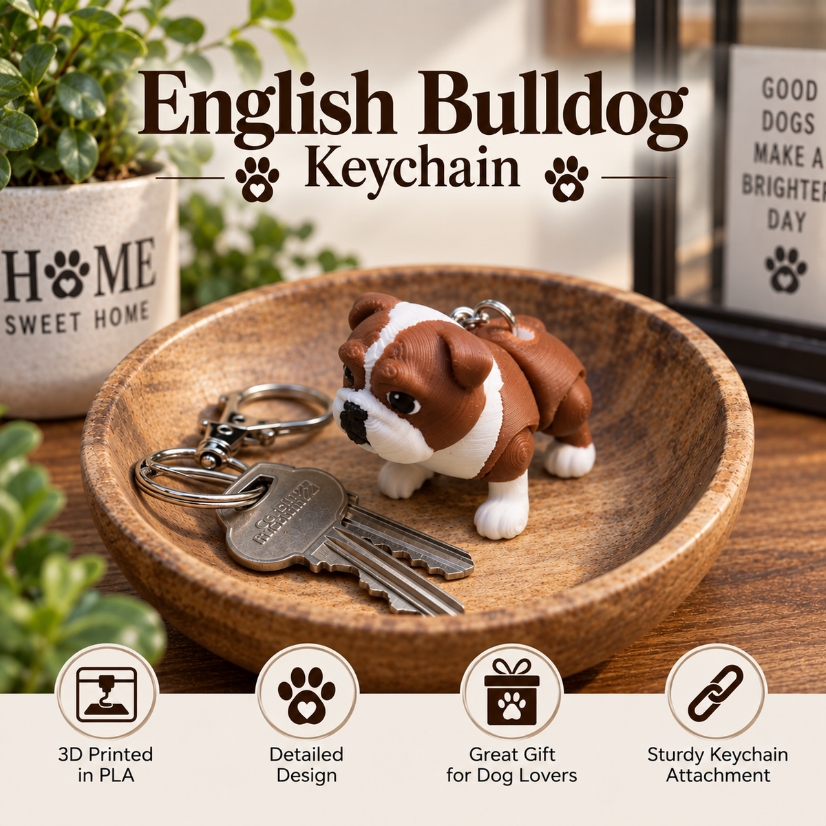 A 3D-printed black and tan Dachshund Brown and White English Bulldog keychain resting on a wooden bowl with two keys attached, set on a wooden table with decorative plants and framed signs in the background.