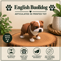 English Bulldog Flexi Toy standing on a wood round on a table with green plants behind