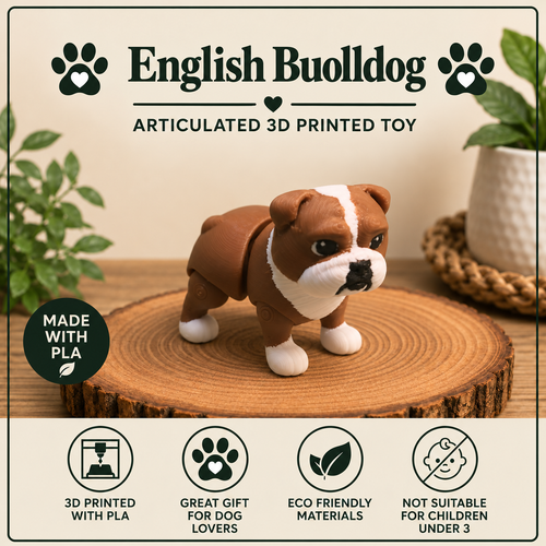 English Bulldog Flexi Toy standing on a wood round on a table with green plants behind