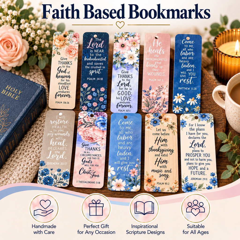 A set of faith-based bookmarks displayed in a styled flat-lay with flowers, a Bible, and decorative props. The bookmarks feature various scripture quotes printed on colorful pastel backgrounds with floral and watercolor designs.