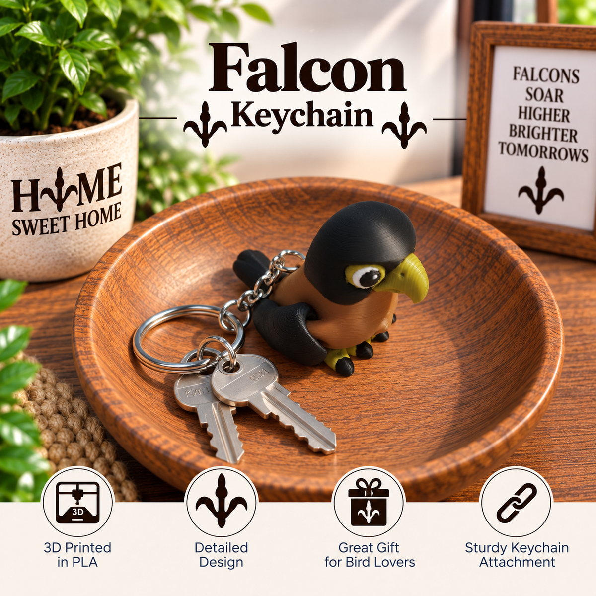 A 3D-printed bird-shaped keychain resting on a wooden dish, featuring a black bird with a yellow beak and brown body, attached to a silver keyring with two keys. The scene includes decorative props like a potted plant, a ceramic mug, and a framed sign, with text overlays reading 'Falcon Keychain' and feature icons at the bottom.