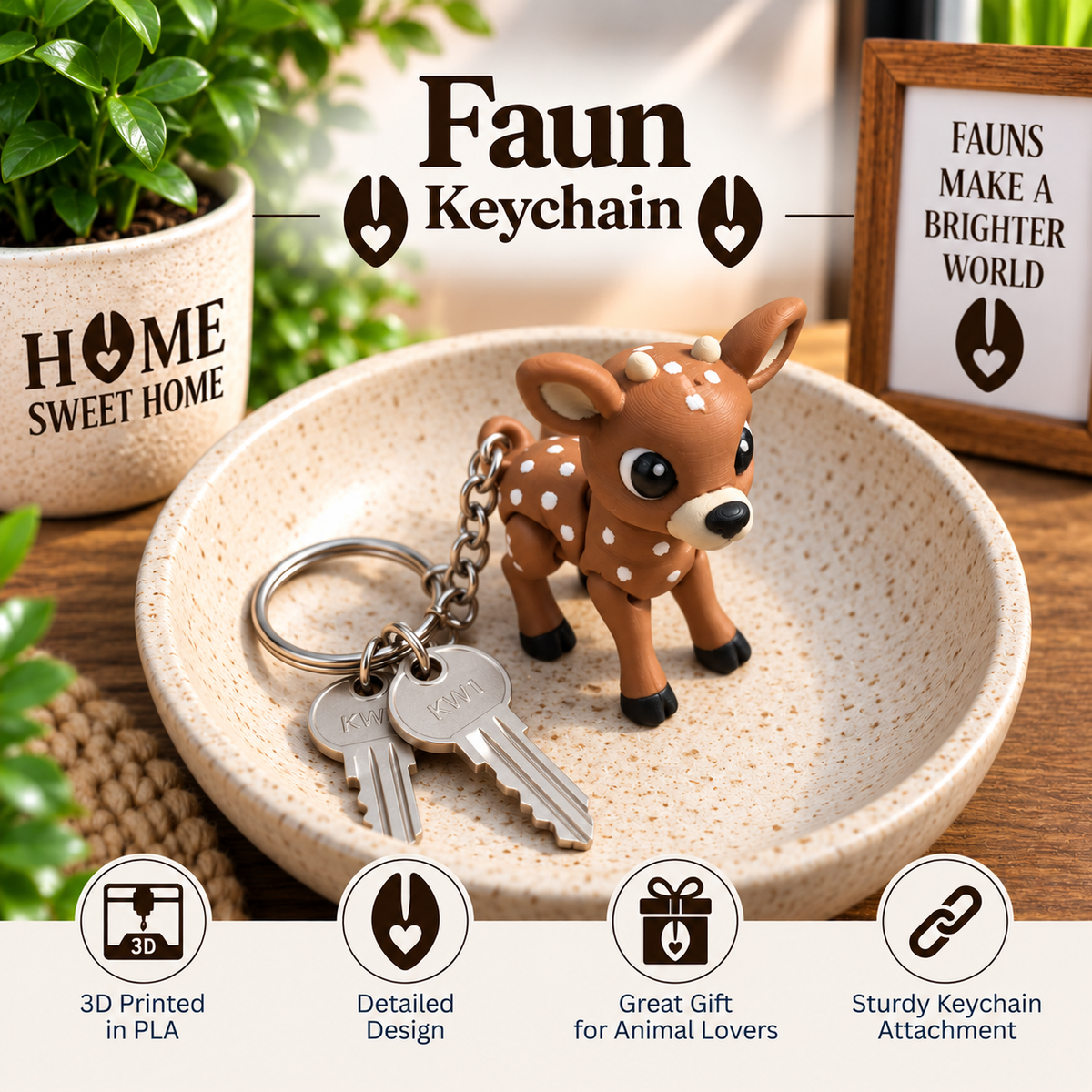 A 3D-printed faun keychain shaped like a cute spotted deer, shown with two keys on a speckled ceramic dish. The background features a potted plant and a decorative sign, with text overlays highlighting the product's features.