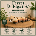 A 3D-printed articulated ferret toy called Ferret Flexi, shown on a wood slice coaster with promotional text and icons. The toy is made of light brown and beige bricks with dark gray paws and face details.