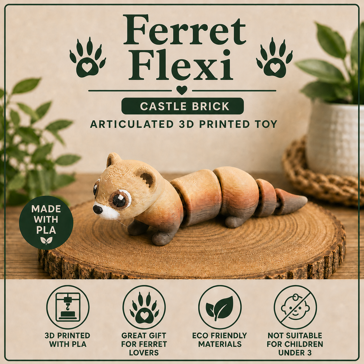 A 3D-printed articulated ferret toy called Ferret Flexi, shown on a wood slice coaster with promotional text and icons. The toy is made of light brown and beige bricks with dark gray paws and face details.