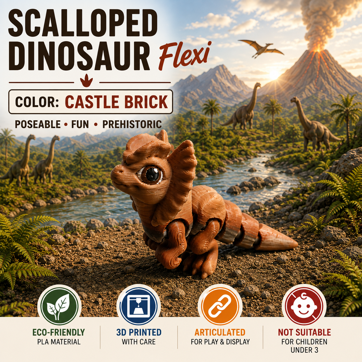 Flexible dinosaur with scalloped flaps on the side of its head.  It is in a prehistoric landscape.