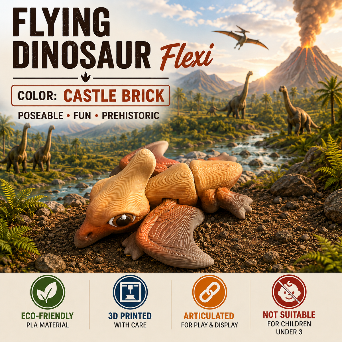A toy dinosaur figure labeled 'Flying Dinosaur Flexi' in Castle Brick color, shown lying on a rocky ground with a prehistoric landscape and volcano in the background. The image includes marketing text and feature icons at the bottom.