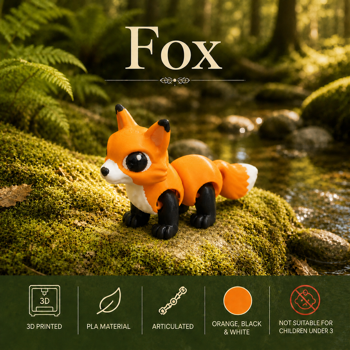 A small orange and white fox figurine standing on a mossy rock beside a stream in a forest setting, with the word 'Fox' above it and feature icons along the bottom.