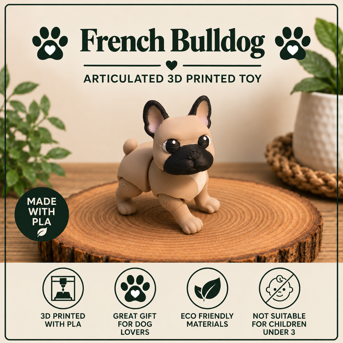 French Bulldog standing on a wood round with green plants behind it on a table
