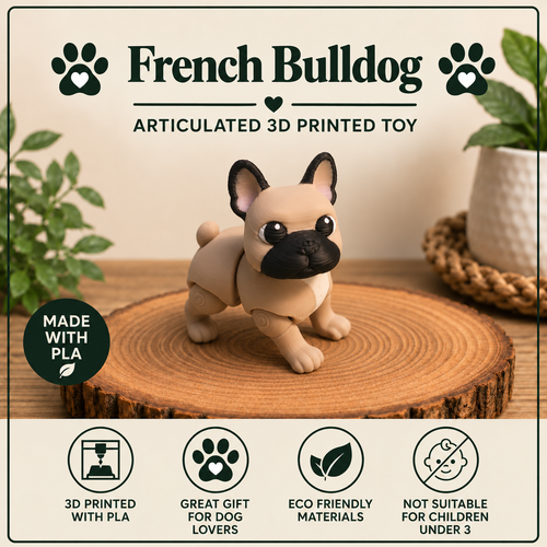French Bulldog standing on a wood round with green plants behind it on a table
