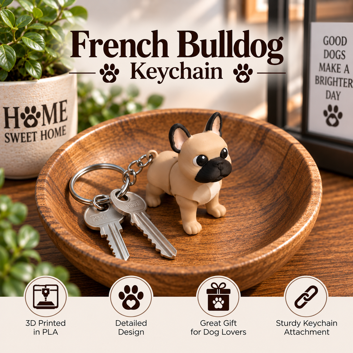 A small French Bulldog keychain shown in a wooden bowl with two keys, surrounded by decorative plants and framed art. The image includes text reading 'French Bulldog Keychain' and feature icons for PLA printing, detailed design, gift value, and sturdy keychain attachment.