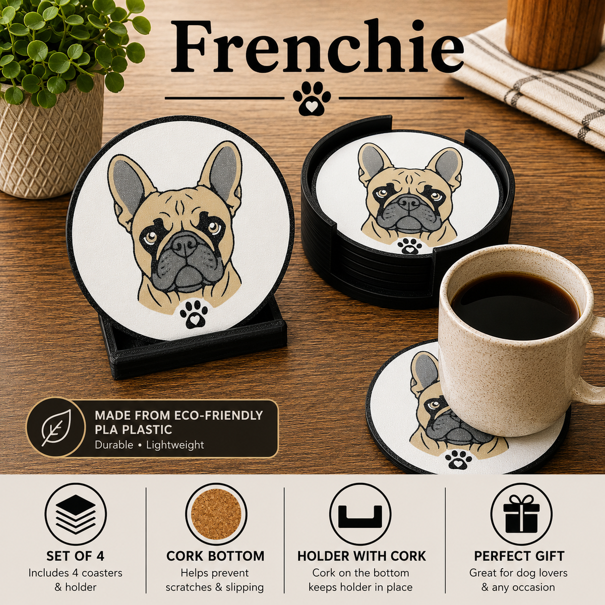 Four round coasters with a French bulldog illustration and cork bottoms, shown on a wooden table with a mug of black coffee, a plant, and a striped cloth. The image includes text reading 'Frenchie' and product feature callouts.