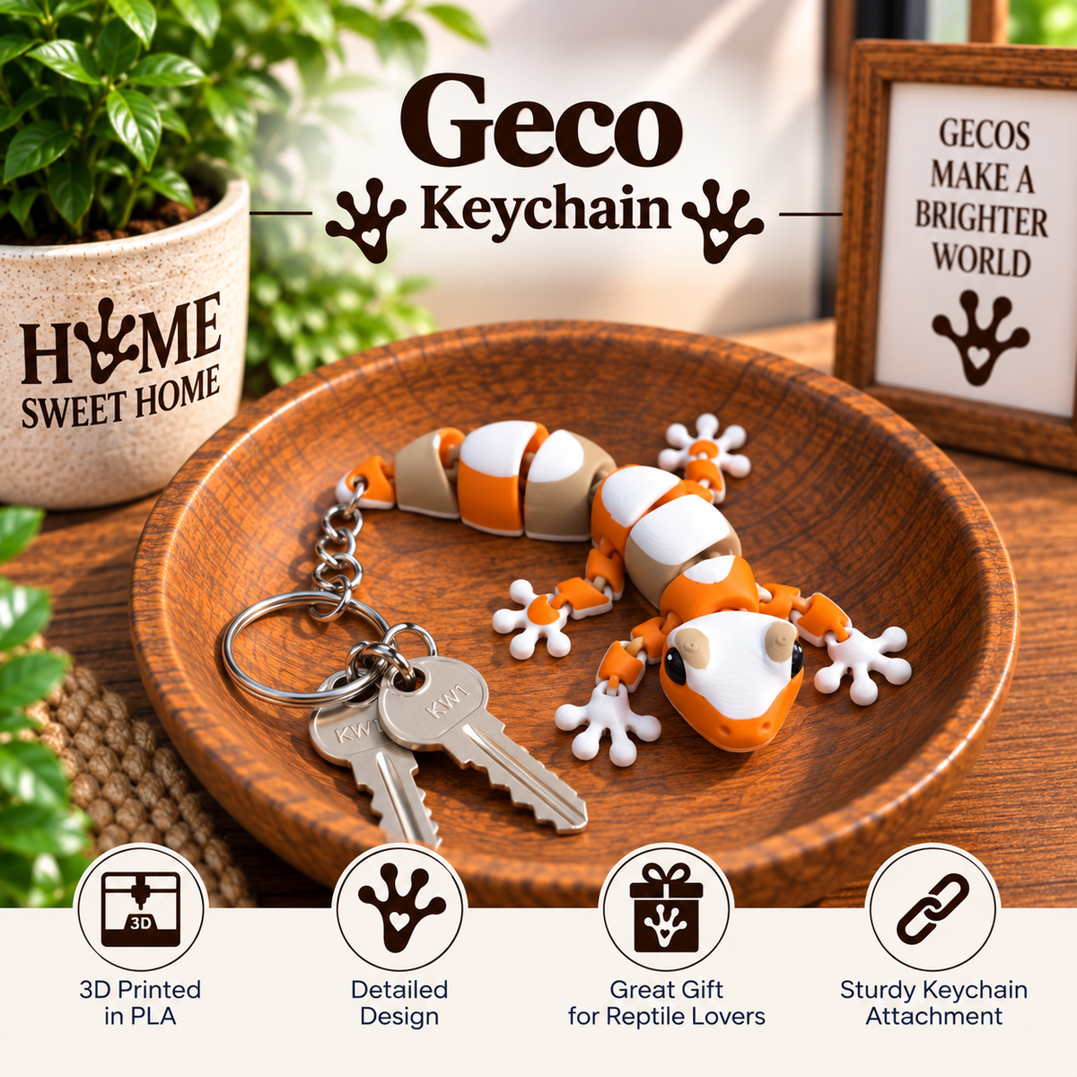 An orange and white 3D-printed gecko keychain displayed on a wooden tray with two keys. The scene includes decorative props like a potted plant and a framed sign, with text overlays reading 'Geco Keychain' and feature icons at the bottom.
