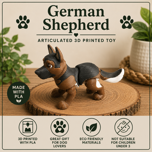 Black and Tan German Shepherd dog standing on a round of wood on a table with green plants