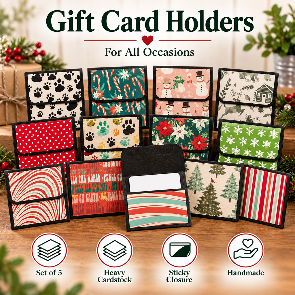 A set of five gift card holders with various festive patterns including Christmas trees, paw prints, snowmen, and holiday stripes, displayed on a wooden surface with holiday decorations in the background.