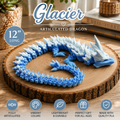 A blue and white articulated dragon toy displayed on a round wood slice coaster, with promotional text reading 'Glacier Articulated Dragon' and feature icons along the bottom.