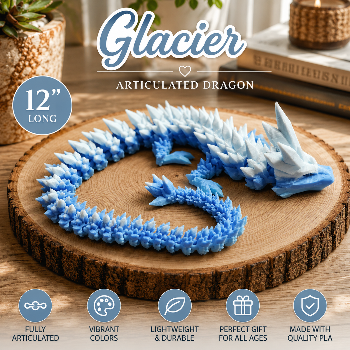 A blue and white articulated dragon toy displayed on a round wood slice coaster, with promotional text reading 'Glacier Articulated Dragon' and feature icons along the bottom.