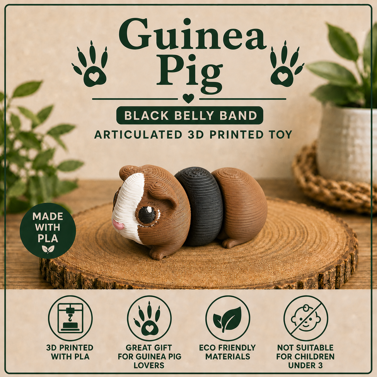 A 3D-printed articulated Guinea Pig toy with a brown and white head, black belly, and brown tail, displayed on a wood slice coaster. The background is a textured beige graphic with text overlays reading 'Guinea Pig BLACK BELLY BAND ARTICULATED 3D PRINTED TOY' and feature icons at the bottom.