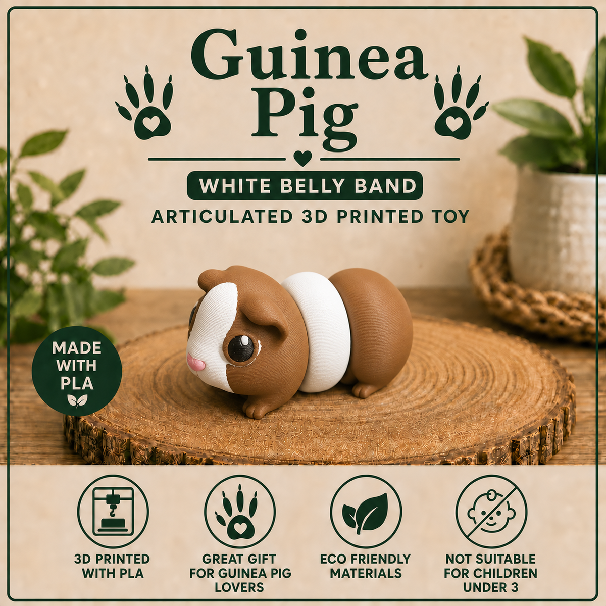 A 3D-printed Guinea Pig toy with a white belly band, displayed on a rustic wood slice. The image is a promotional graphic with text overlays highlighting its features, including 'White Belly Band' and 'Articulated 3D Printed Toy'.