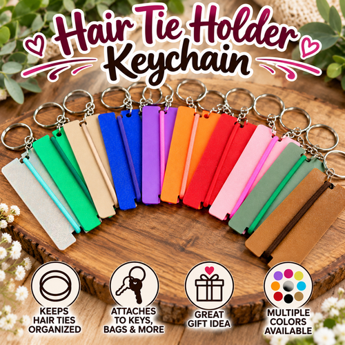 A set of hair tie holder keychains displayed in a fan shape on a wooden surface, showing multiple color options. The keychains have rectangular leather-like tabs in various colors including white, green, beige, blue, purple, orange, red, pink, green, brown, and black, attached to silver metal keyrings.