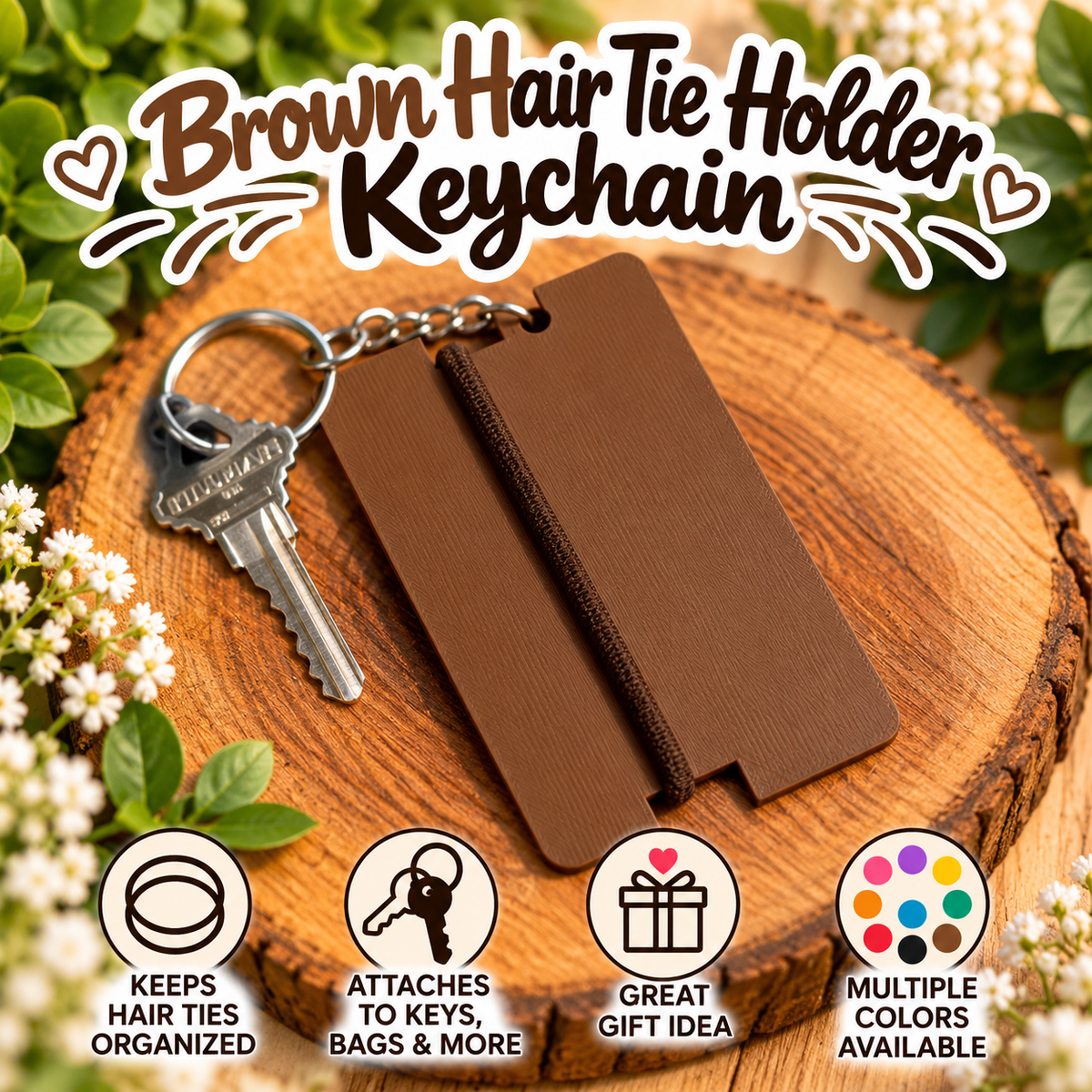 Brown hair tie keychain organizer shown on a wooden slice with a key attached, surrounded by decorative greenery and text reading 'Brown Hair Tie Holder Keychain,' plus feature icons at the bottom.
