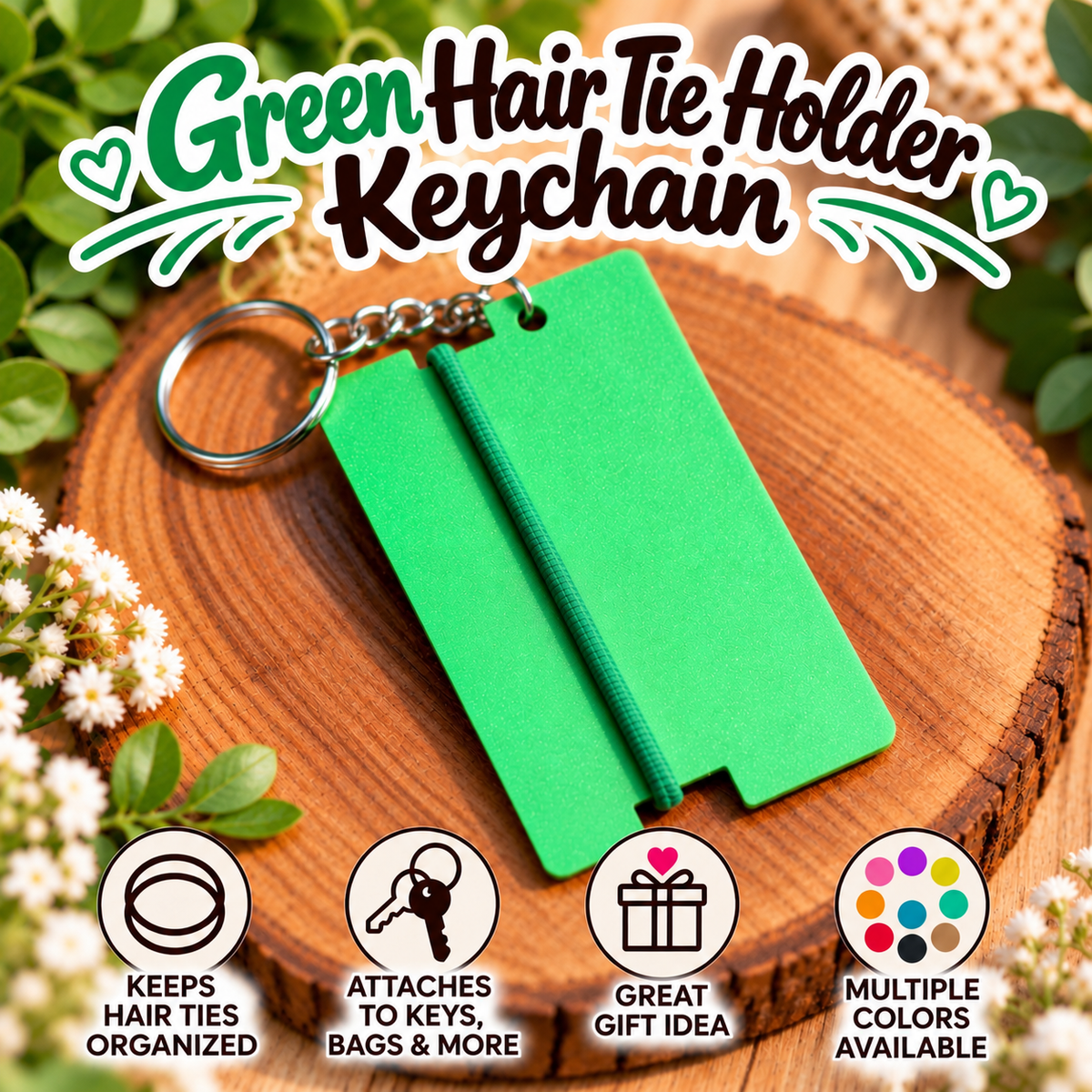 A green rectangular hair tie keychain holder with a metal key ring, displayed on a wooden slice with decorative flowers and the text 'Green Hair Tie Holder Keychain' at the top. Four feature icons at the bottom mention keeping hair ties organized, attaching to keys and bags, being a great gift idea, and multiple colors being available.