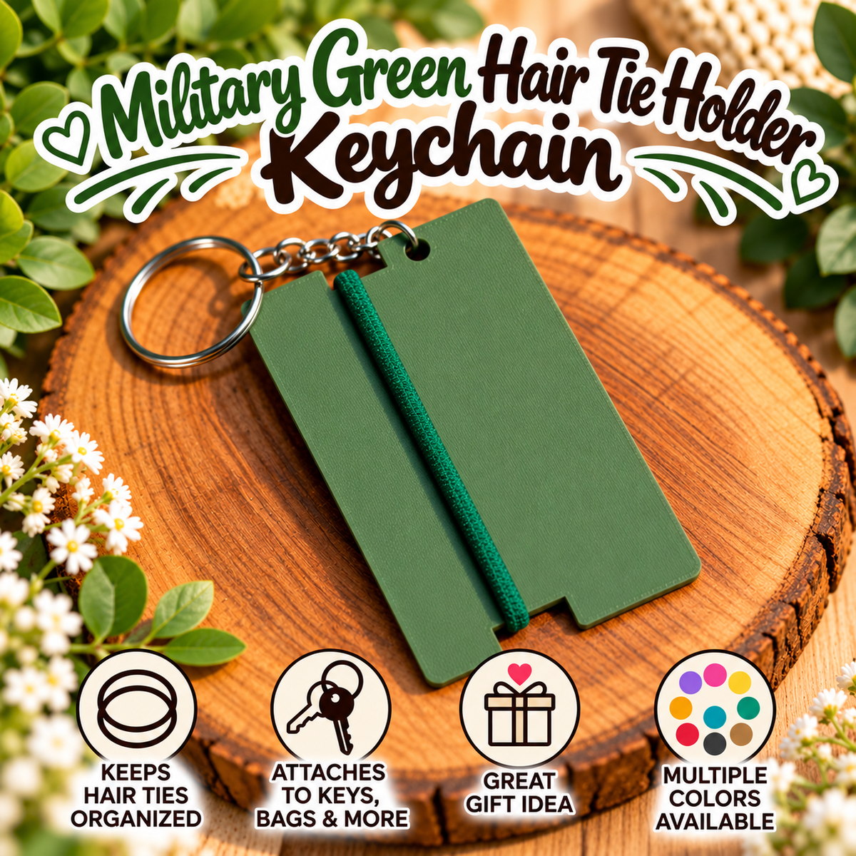 A military green keychain hair tie holder with a matching green elastic band, displayed on a wooden slice background with decorative greenery and text overlays.