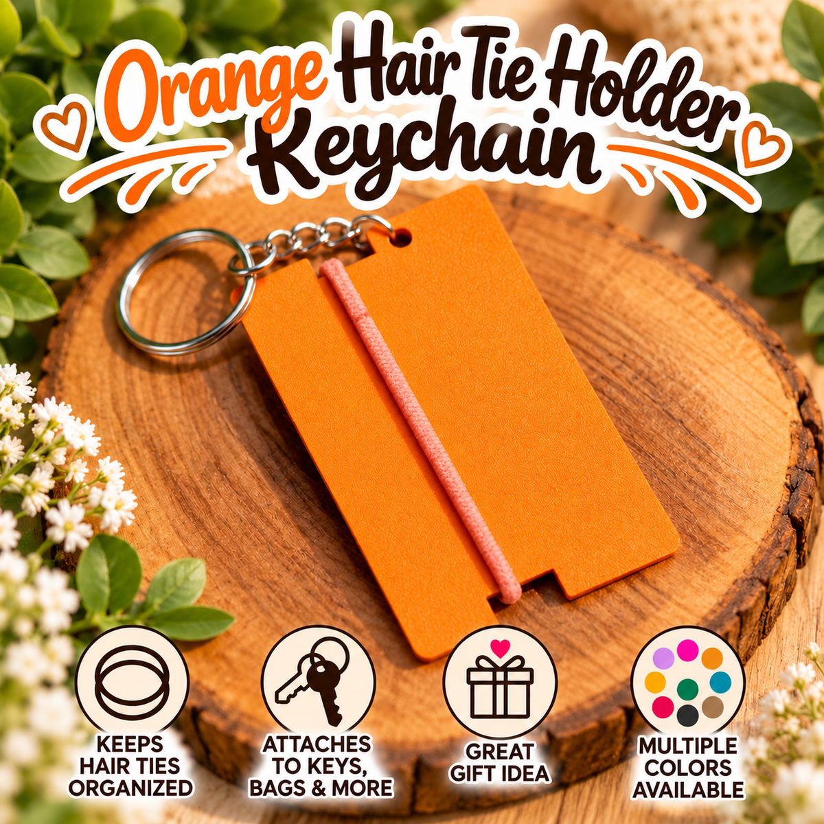 An orange hair tie keychain holder keychain with a silver metal key ring and a pink elastic cord, displayed on a wooden slice background with decorative green leaves and white flowers. The image includes promotional text reading 'Orange Hair Tie Holder Keychain' and four feature icons at the bottom.