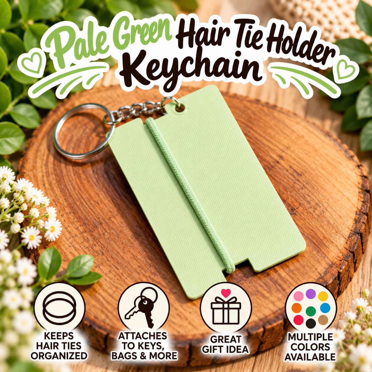 A pale green rectangular hair tie keychain with a metal key ring and chain, displayed on a round wooden slice with decorative greenery and flowers. Large text at the top reads 'Pale Green Hair Tie Holder Keychain,' and four feature icons at the bottom mention organized hair ties, key attachment, gift use, and multiple color options.