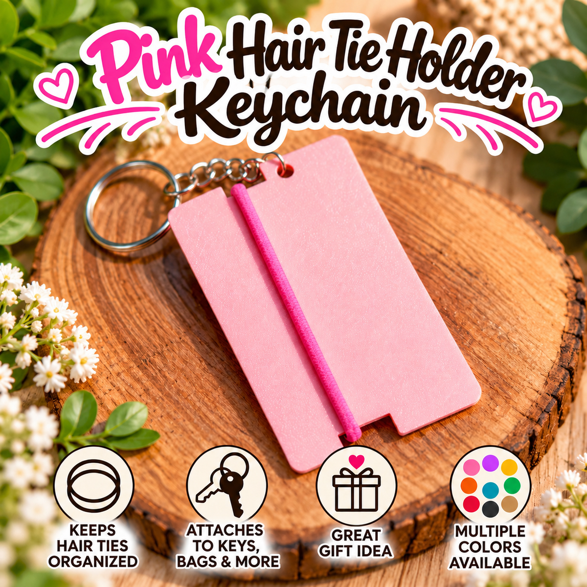 Pink hair tie keychain organizer shown on a wooden slice with flowers, featuring a metal key ring and a pink elastic cord. Large text at the top reads 'Pink Hair Tie Holder Keychain,' and four circular icons at the bottom describe features and color availability.