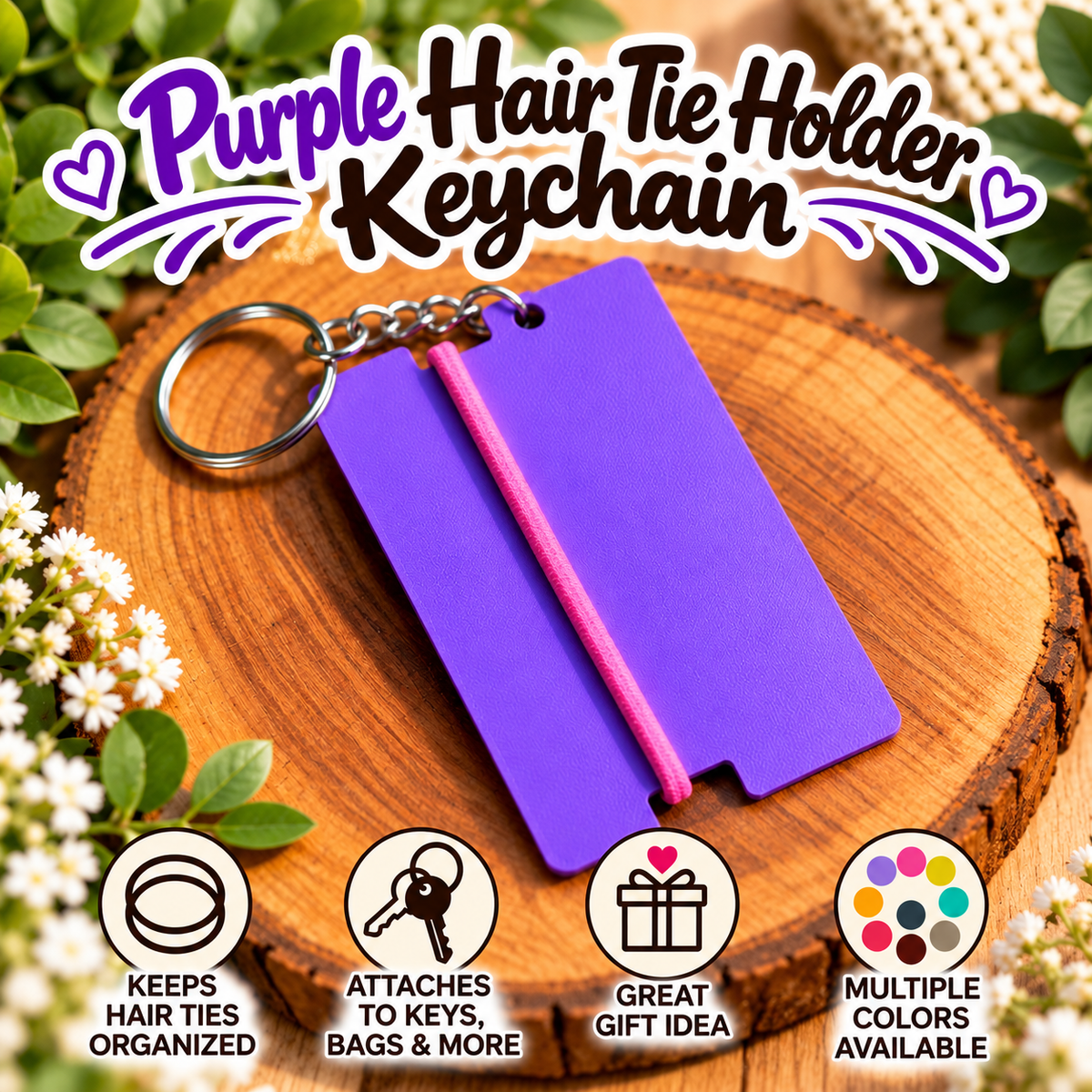 Purple hair tie holder keychain with a pink cord, shown on a wooden slice background with decorative flowers and promotional text reading 'Purple Hair Tie Holder Keychain' plus feature icons.