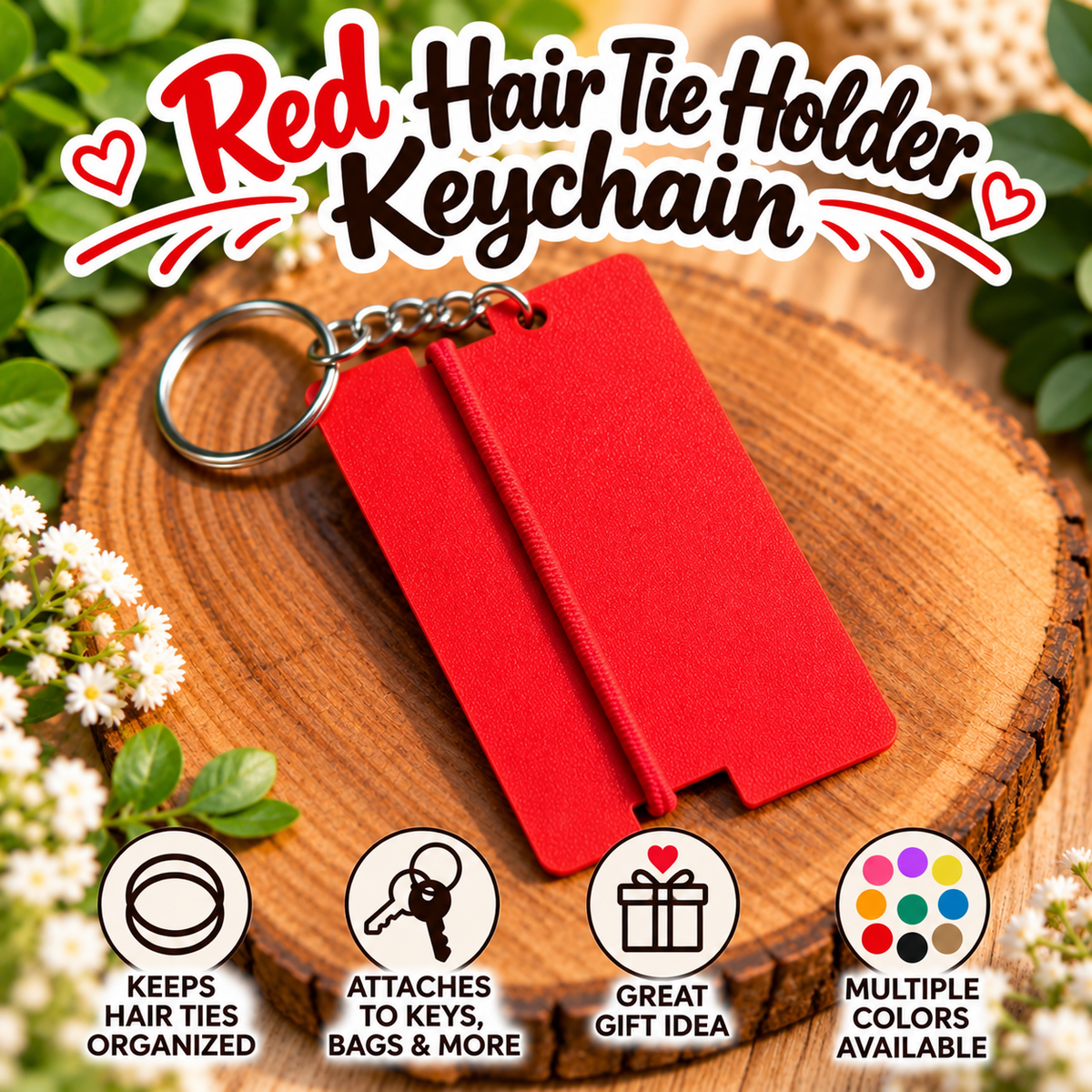 A red felt hair tie keychain holder with a silver metal key ring, displayed on a rustic wood slice background with decorative green leaves and white flowers. The image includes a stylized title 'Red Hair Tie Holder Keychain' and four feature icons at the bottom.