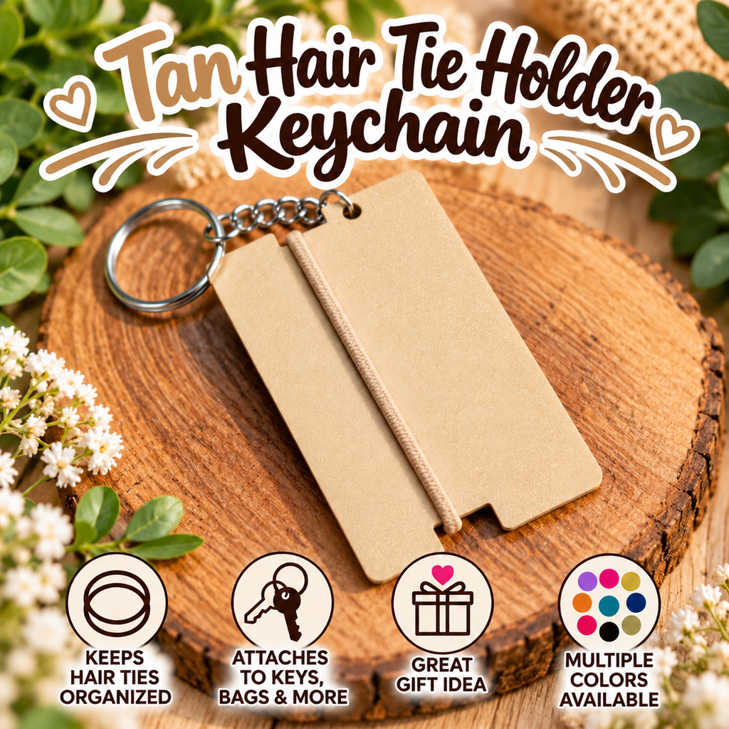 A tan hair tie keychain with a coordinating hair tie, and metal key ring, displayed on a wooden slice with decorative flowers and text overlays reading 'Tan Hair Tie Holder Keychain' and feature icons.