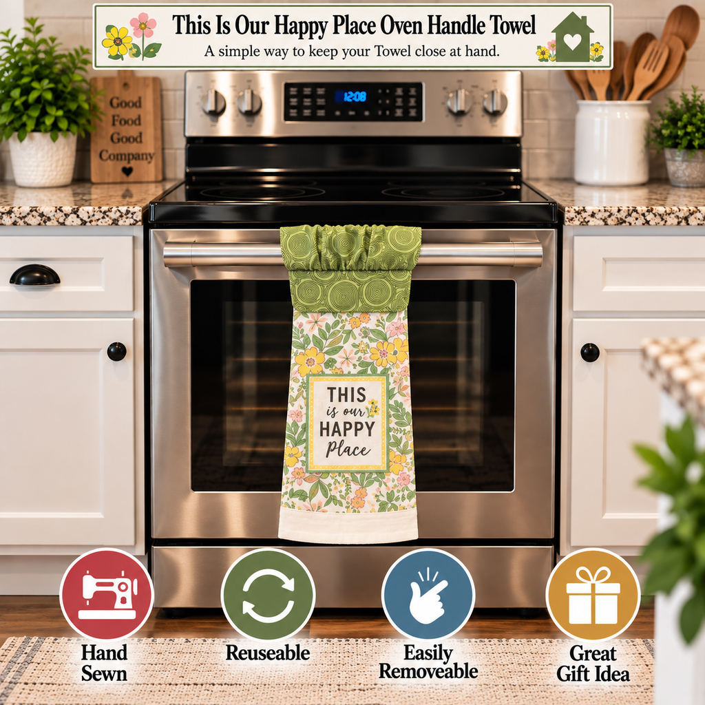 A floral oven handle towel hanging on a stainless steel range hood in a kitchen setting. The towel has a green ruffled top and a central white panel with the words 'THIS IS OUR HAPPY PLACE' surrounded by yellow, orange, and green flowers.